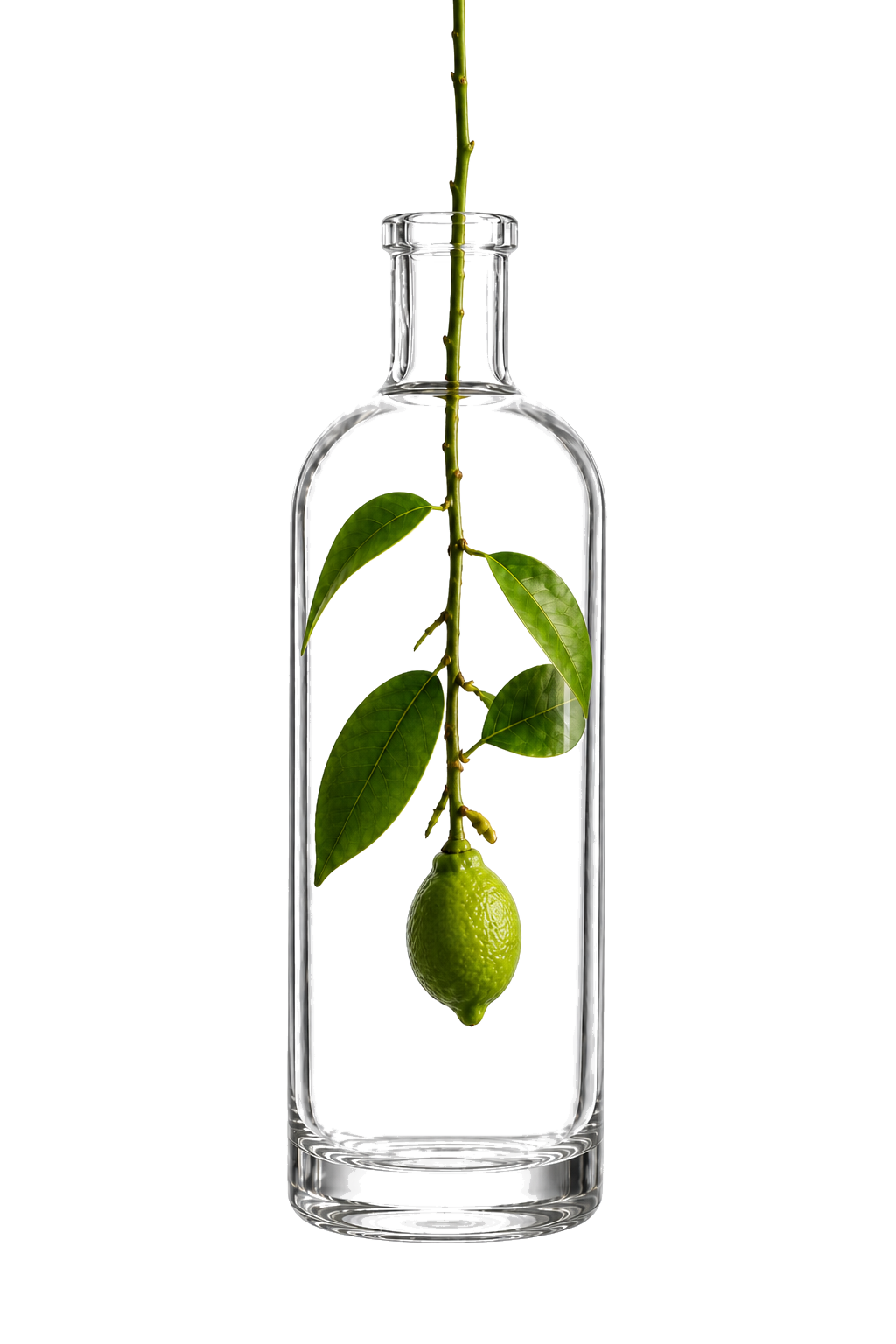 Jonge citroen groeit in glazen fles aan de boom voor Dentro Limoncello